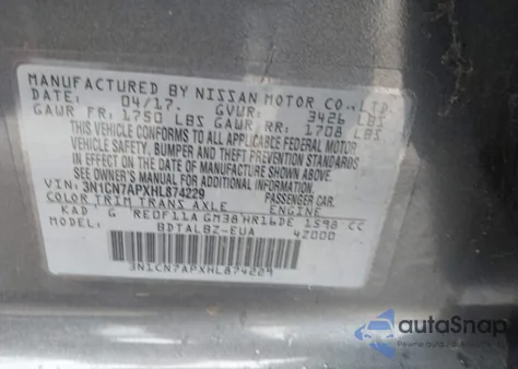 2017 Nissan Versa 1.6 Sv from USA, damaged, VIN 3N1CN7APXHL874229